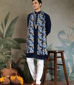 Navy blue pure viscose mirror work on self zari weaving kurta