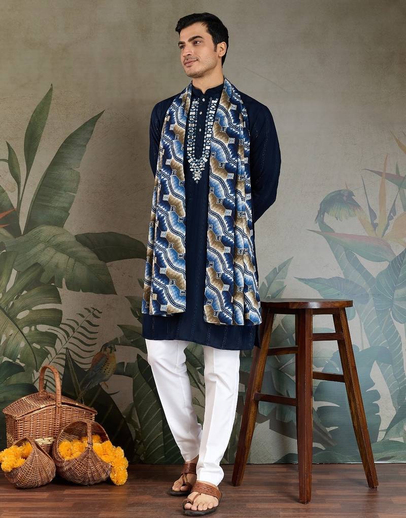Navy blue pure viscose mirror work on self zari weaving kurta