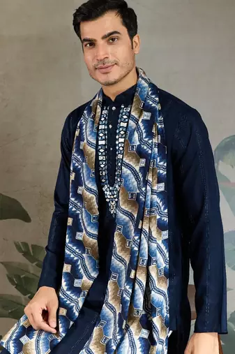 Navy blue pure viscose mirror work on self zari weaving kurta