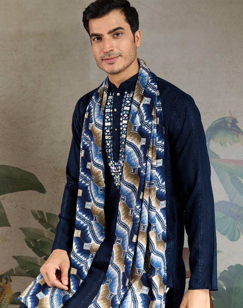 Navy blue pure viscose mirror work on self zari weaving kurta
