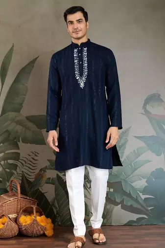 Navy blue pure viscose mirror work on self zari weaving kurta