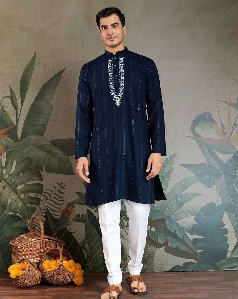 Navy blue pure viscose mirror work on self zari weaving kurta