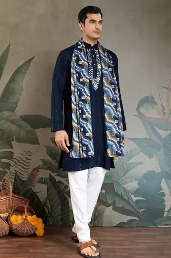 Navy blue pure viscose mirror work on self zari weaving kurta