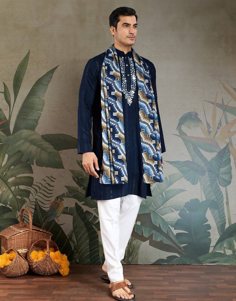 Navy blue pure viscose mirror work on self zari weaving kurta