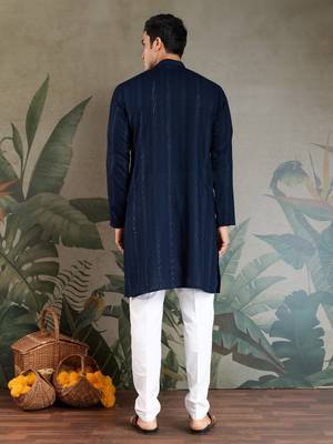 Navy blue pure viscose mirror work on self zari weaving kurta 5