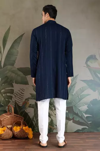 Navy blue pure viscose mirror work on self zari weaving kurta