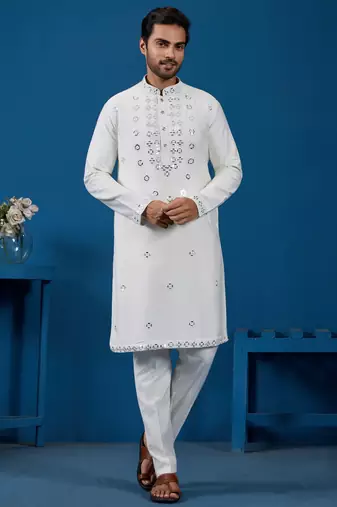 White viscose silk real mirror with threads work kurta-pant