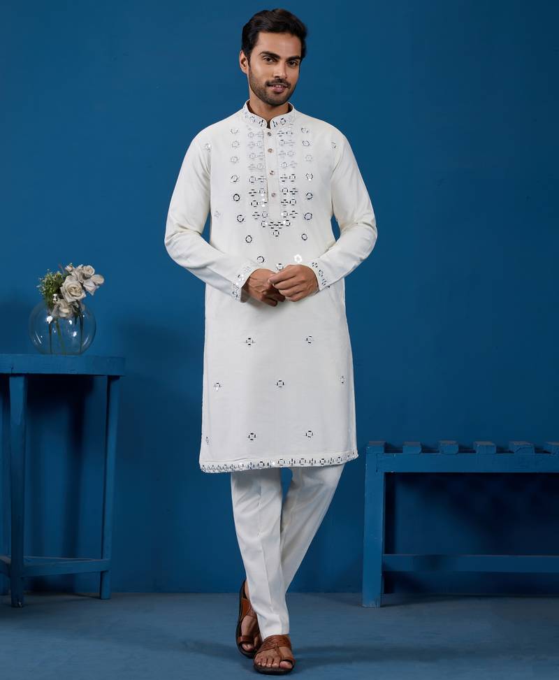White viscose silk real mirror with threads work kurta-pant