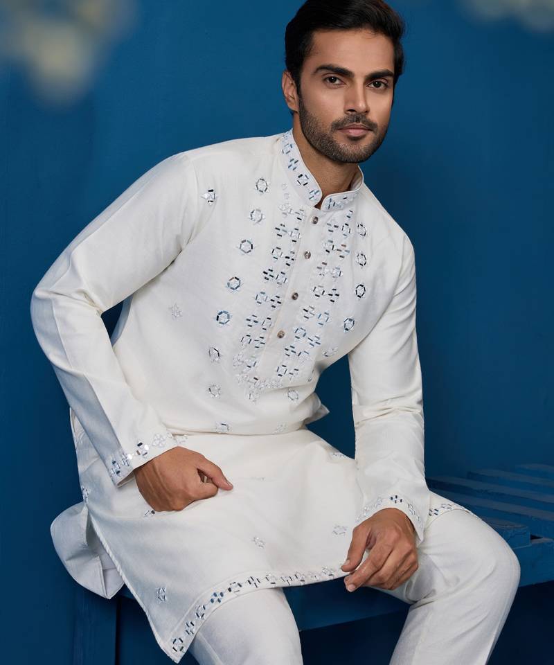 White viscose silk real mirror with threads work kurta-pant