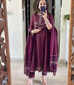 Floral embroidered maroon round neck cotton kurta with trouser & dupatta set