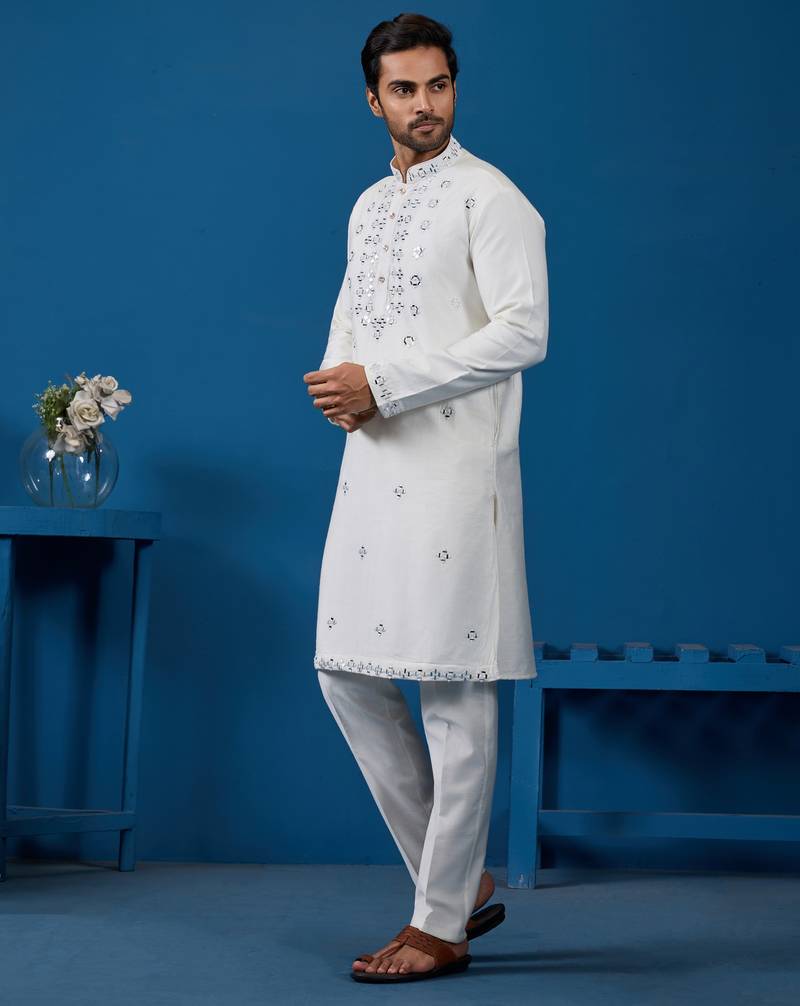 White viscose silk real mirror with threads work kurta-pant