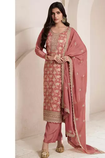 fancy peach banarasi silk straight suit for women ethnic wear