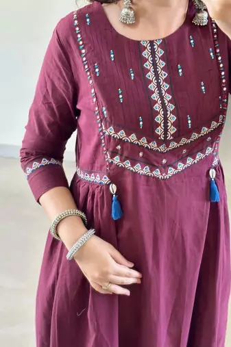 Floral embroidered maroon round neck cotton kurta with trouser & dupatta set