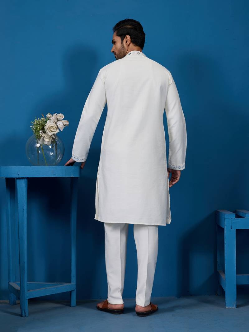 White viscose silk real mirror with threads work kurta-pant