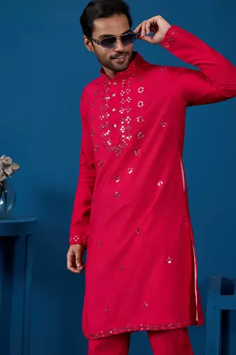 Rani viscose silk real mirror with threads work kurta-pant