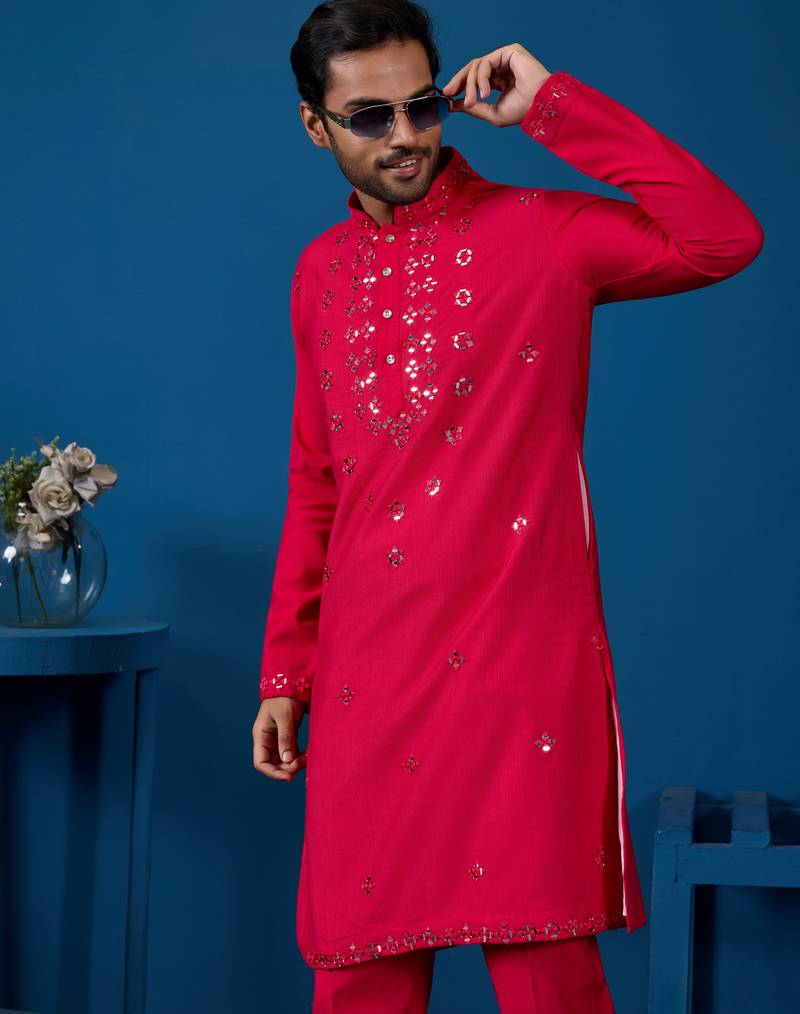 Rani viscose silk real mirror with threads work kurta-pant