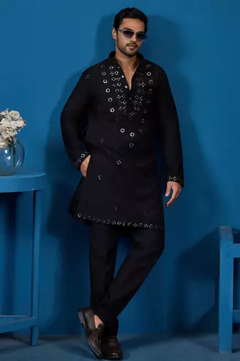 Black viscose silk real mirror with threads work kurta-pant