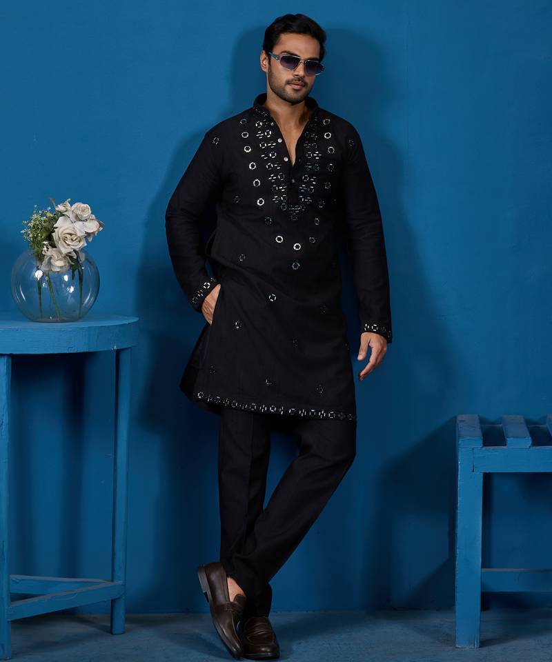 Black viscose silk real mirror with threads work kurta-pant