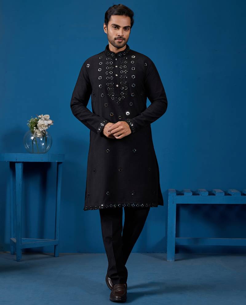Black viscose silk real mirror with threads work kurta-pant