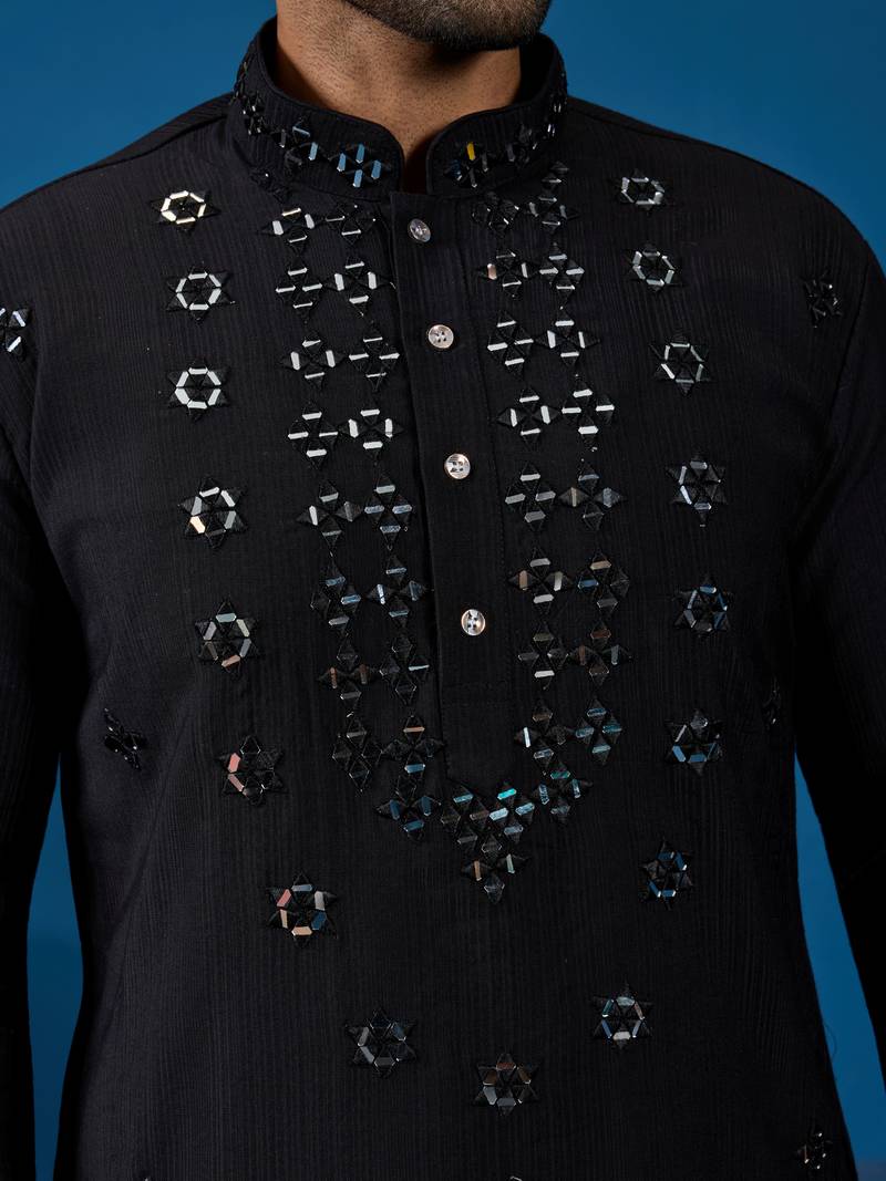 Black viscose silk real mirror with threads work kurta-pant