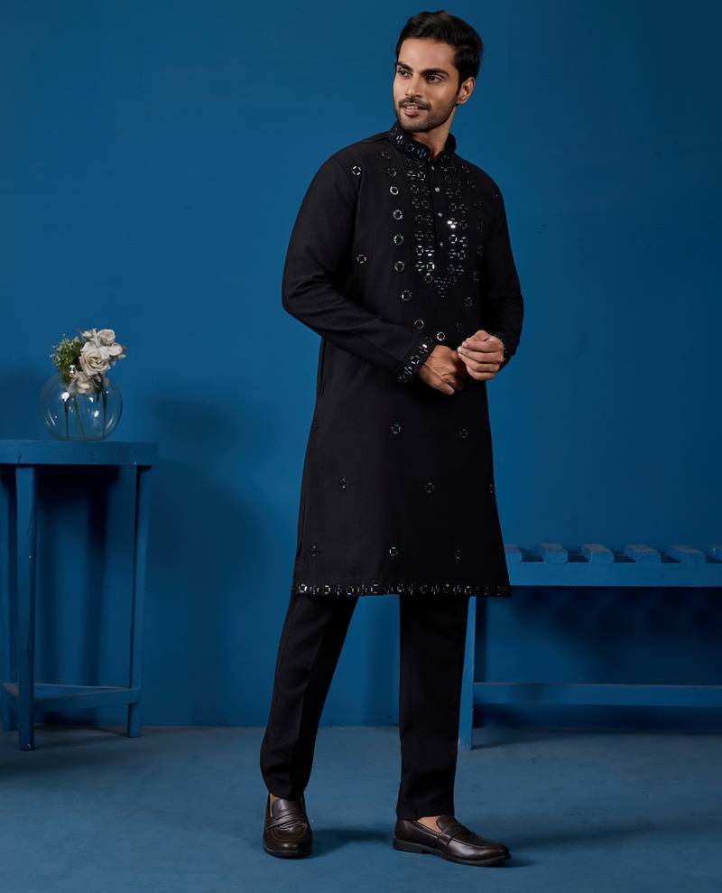 Black viscose silk real mirror with threads work kurta-pant