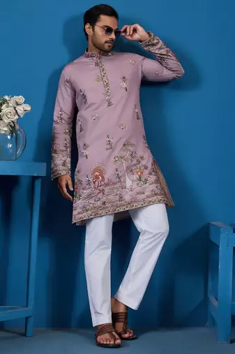 Dusty pink viscose silk threads & sequence embroidered work kurta