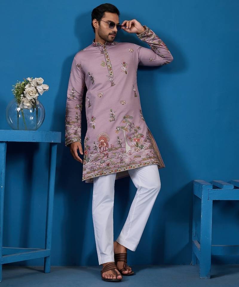 Dusty pink viscose silk threads & sequence embroidered work kurta