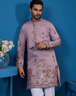 Dusty pink viscose silk threads & sequence embroidered work kurta 2