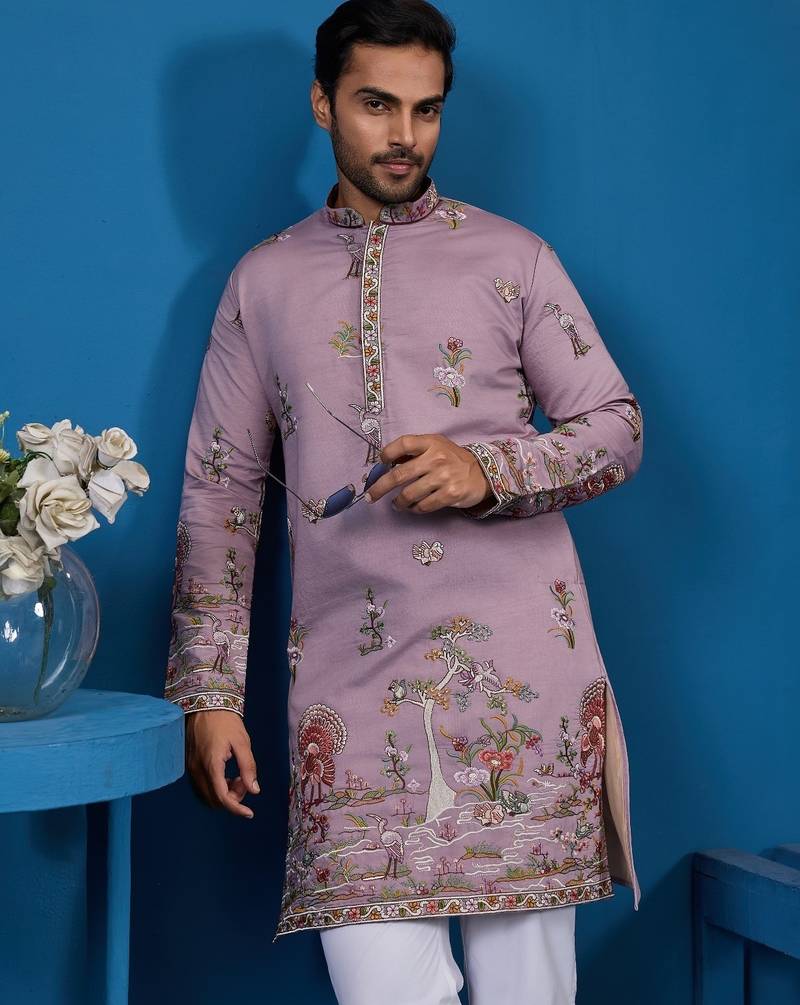Dusty pink viscose silk threads & sequence embroidered work kurta