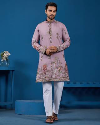 Dusty pink viscose silk threads & sequence embroidered work kurta 4