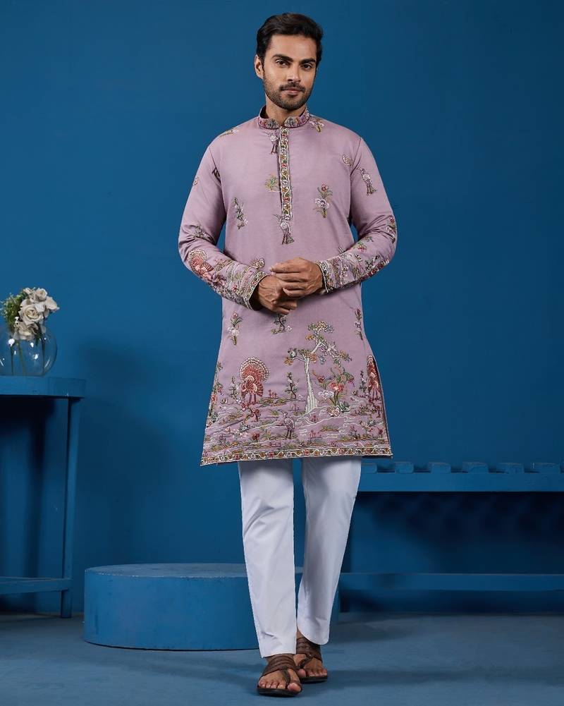 Dusty pink viscose silk threads & sequence embroidered work kurta