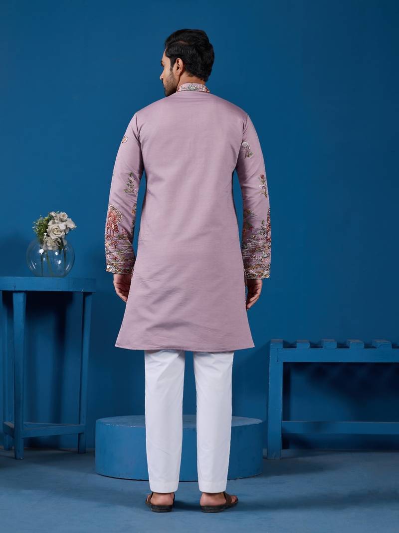 Dusty pink viscose silk threads & sequence embroidered work kurta