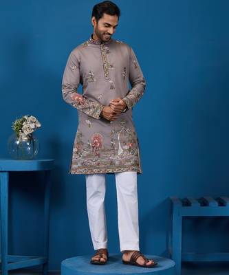 Grey viscose silk threads & sequence embroidered work kurta 1