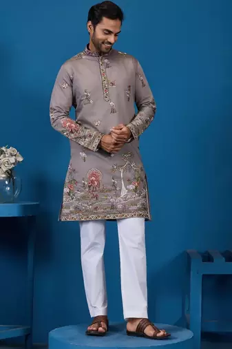 Grey viscose silk threads & sequence embroidered work kurta