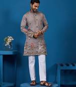 Grey viscose silk threads & sequence embroidered work kurta