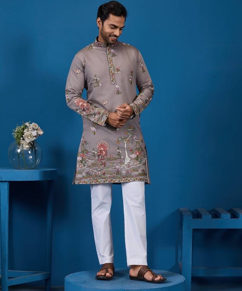 Grey viscose silk threads & sequence embroidered work kurta