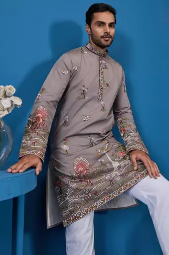 Grey viscose silk threads & sequence embroidered work kurta