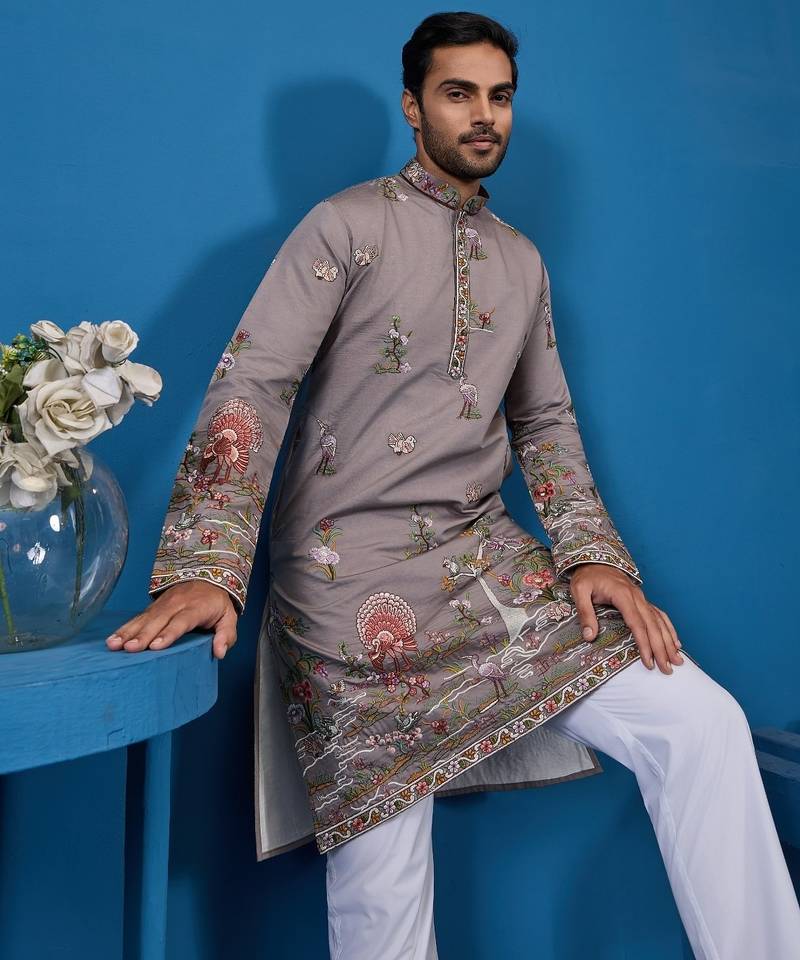 Grey viscose silk threads & sequence embroidered work kurta