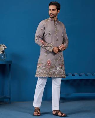 Grey viscose silk threads & sequence embroidered work kurta 4