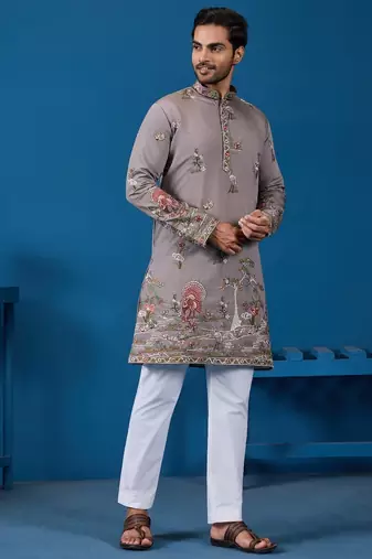 Grey viscose silk threads & sequence embroidered work kurta