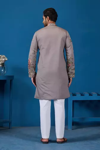 Grey viscose silk threads & sequence embroidered work kurta