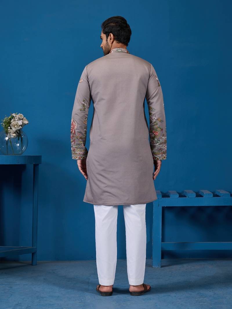 Grey viscose silk threads & sequence embroidered work kurta