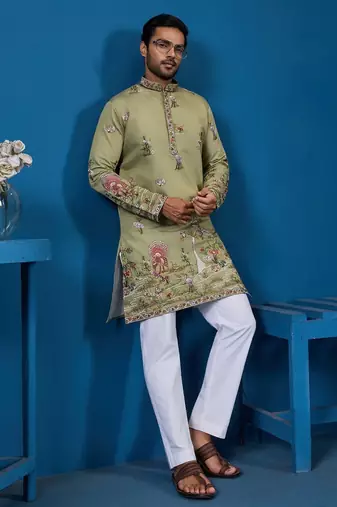 Pista green viscose silk threads & sequence embroidered work kurta