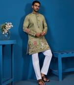 Pista green viscose silk threads & sequence embroidered work kurta
