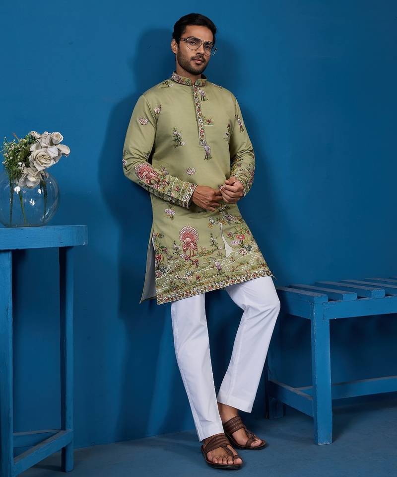 Pista green viscose silk threads & sequence embroidered work kurta