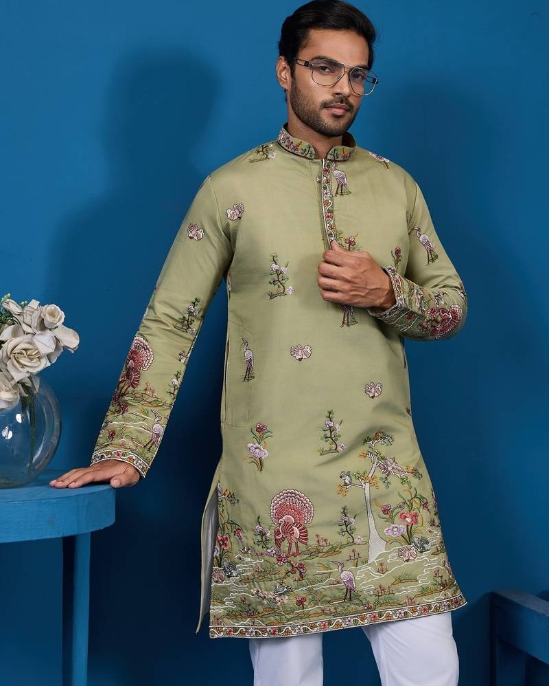 Pista green viscose silk threads & sequence embroidered work kurta