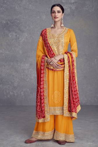 bandhani printed yellow palazzo suit for women wear-Full Stitched free size