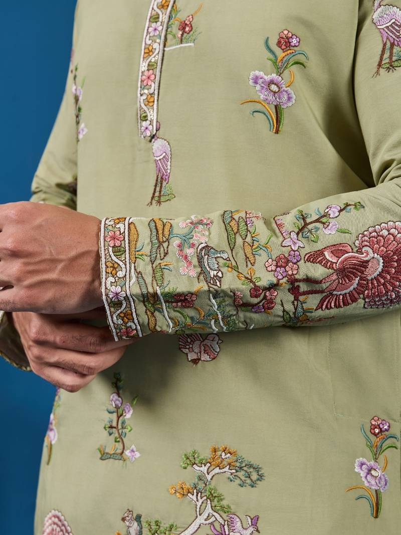 Pista green viscose silk threads & sequence embroidered work kurta