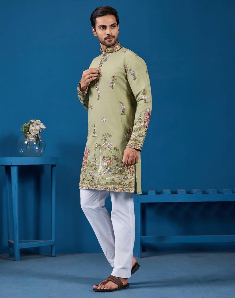 Pista green viscose silk threads & sequence embroidered work kurta
