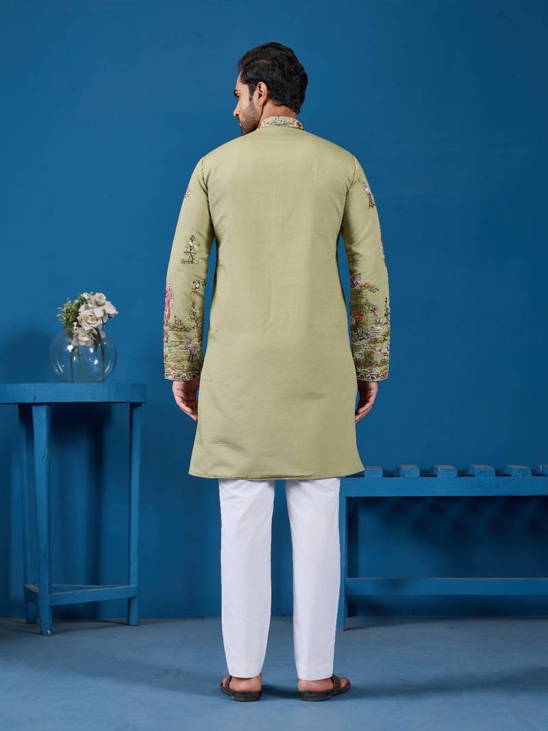 Pista green viscose silk threads & sequence embroidered work kurta